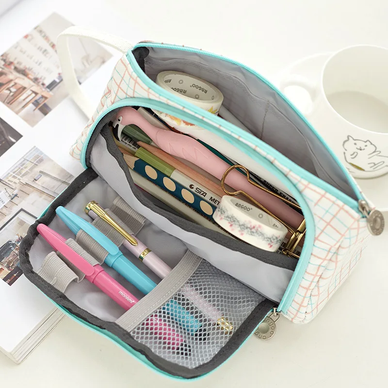 Creative Grid Large Capacity Pencil Case Girl Boy Student Multifunction Stationery Pen Brushes Bag Pouch Box School Gifts