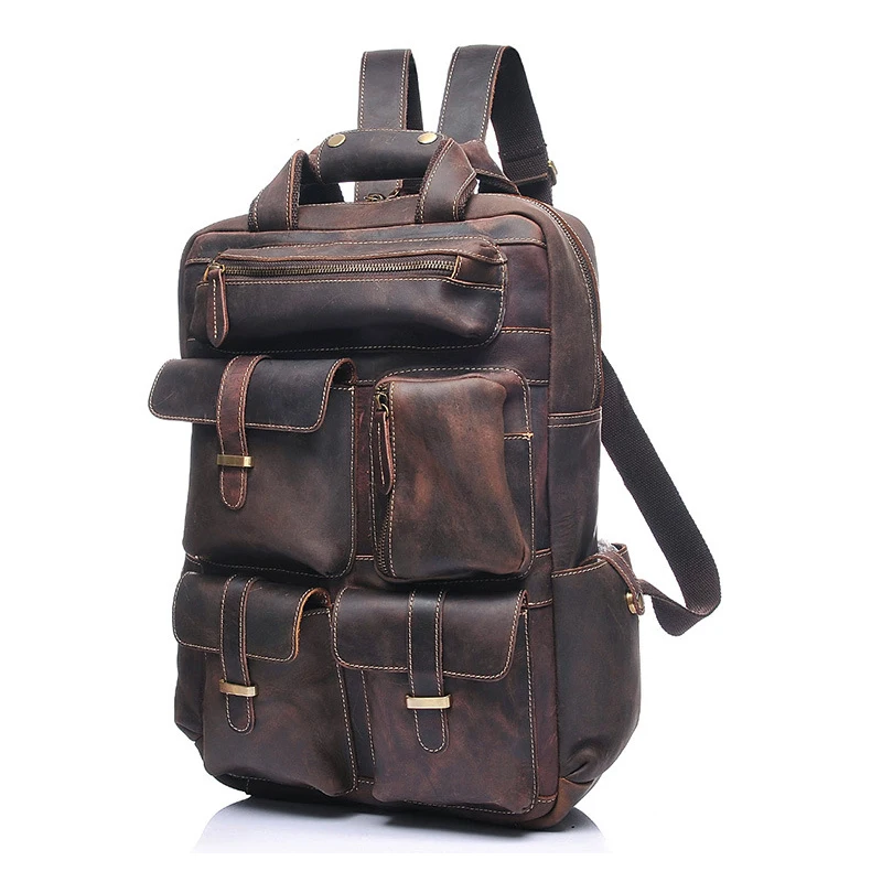 Vintage Genuine Leather Backpacks Men Women High Quality 100% Cow Leather Crazy Horse Men Backpack Shoulder Bag Bolsa Masculina