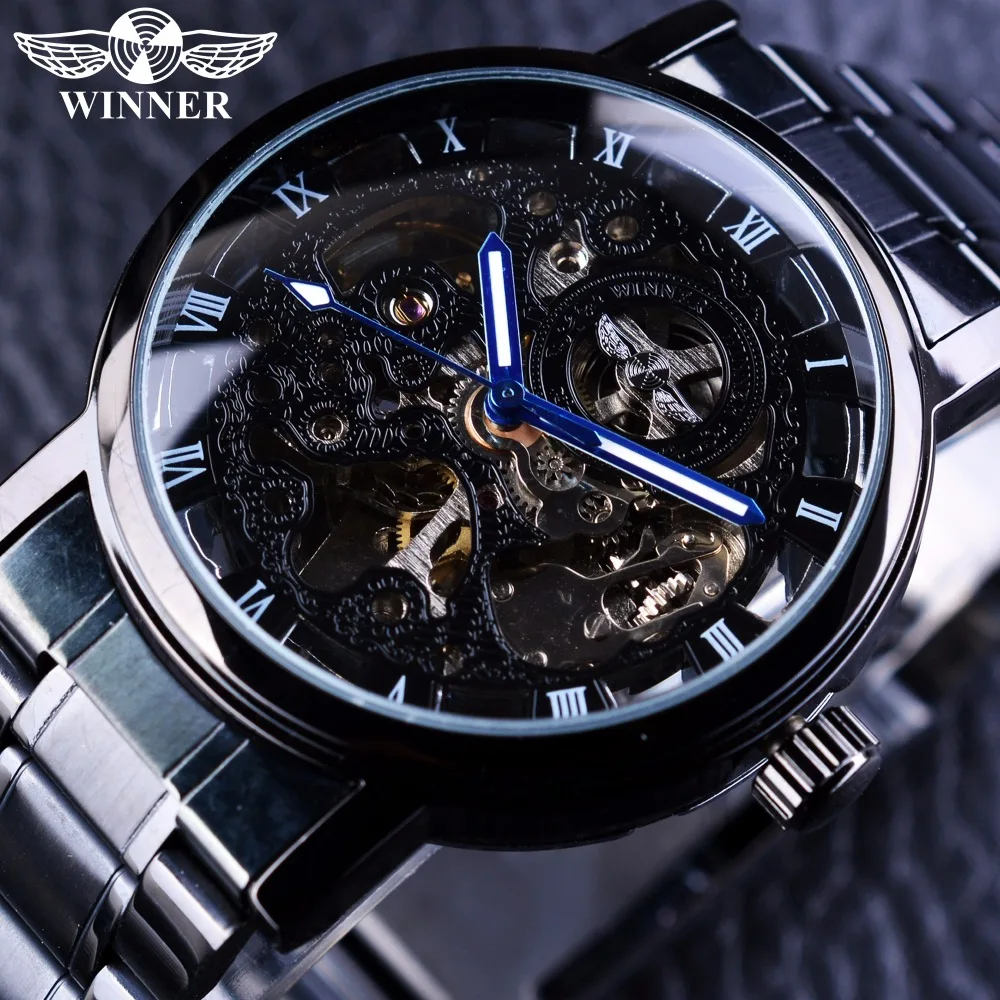 Winner Top Brand Luxury Skeleton Black Stainless Steel Blue Hands Luminous Mens Watches Watch Men Montre Homme Automatic Watches