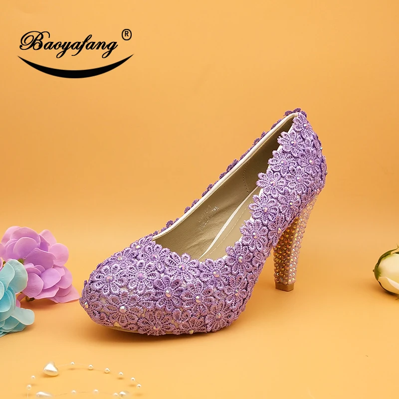 Bao Ya Fang New arrival Violet Flower Wedding shoes Bridal Lilac Lace shoes woman Shining Crystal Party dress shoes Lavender