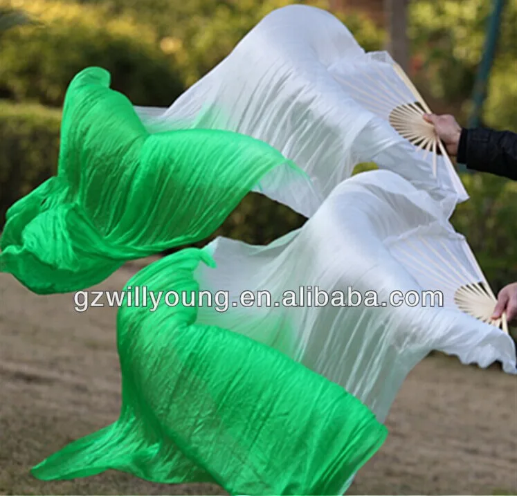 Free shipping nice White/Green mixed long Bely Dance real Silk material Fan Veils 180x90cm size in stock hot-selling