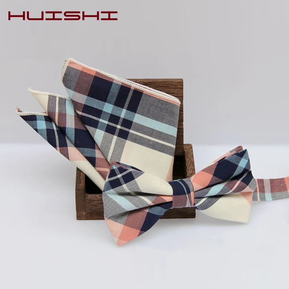 

HUISHI New Design 14 Color Check Cotton Hanky Bow Tie Set Cotton Print Men BowTie Pocket Square Handkerchief Suit Wedding Part