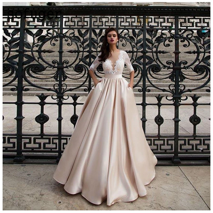 Elegant Lace Wedding Dresses Vestidos de novia 2022 Champagne A Line Bride Dress Satin Sexy Romantic Floor Length Wedding Gowns