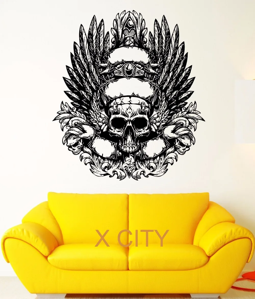 Black Skull Skeleton Weared Feather Crown Fear Wall Art Decal Sticker Removable Vinyl Transfer Stencil Mural Home Room Decor