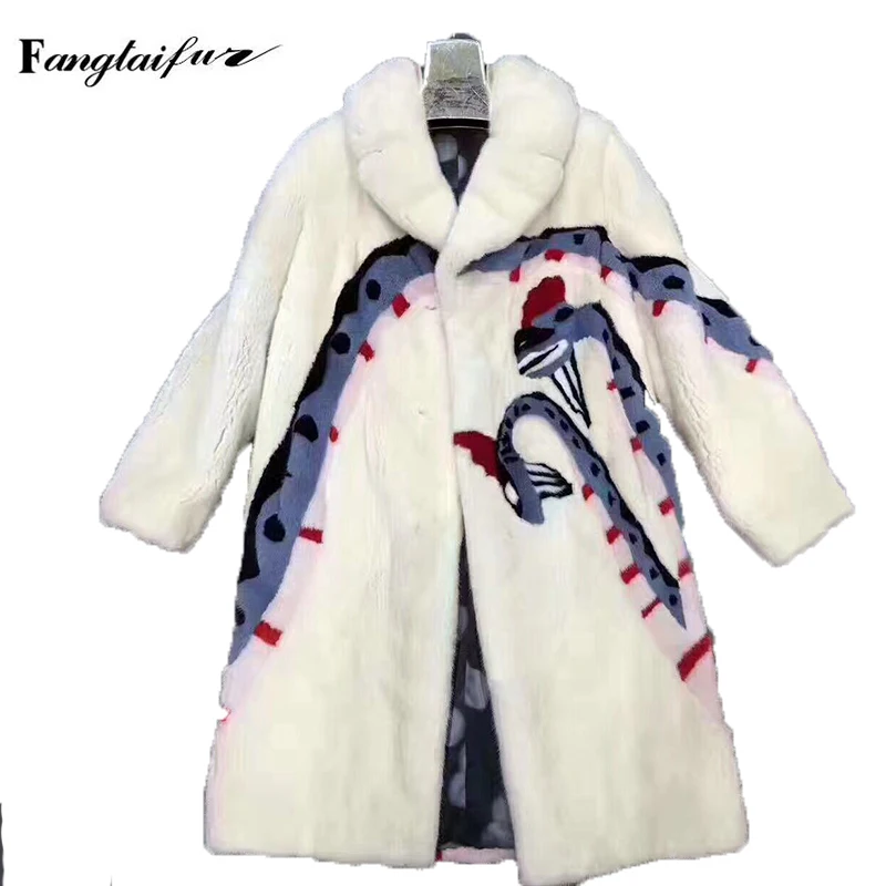 Ftangaiur 冬用レディースジャケット 輸入ミンクファーコート スリム ターンダウンカラー プリントミンクコート エクストラロング 本物のミンクファーコート