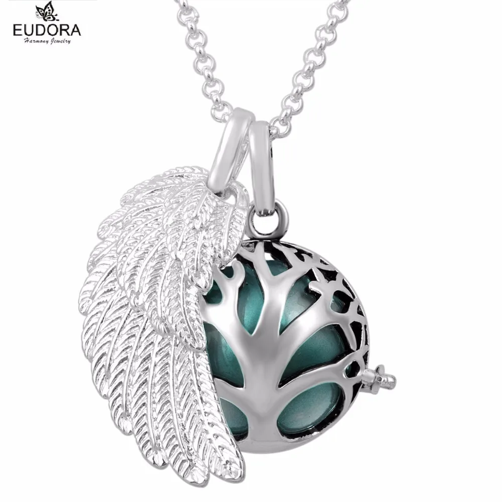 EUDORA Angel Wing Family Tree Copper Metal Locket Chime Bola Pendant Llamador de angeles Necklace Jewelry High Quality FH111