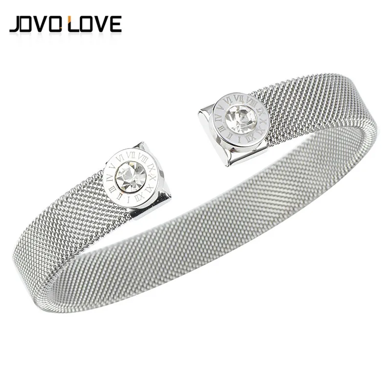 Fashion  Rhinestone Bangle Roman Numerals Open Cuff Bangles Bracelets Gold Color Stainless Steel Bangles For Women