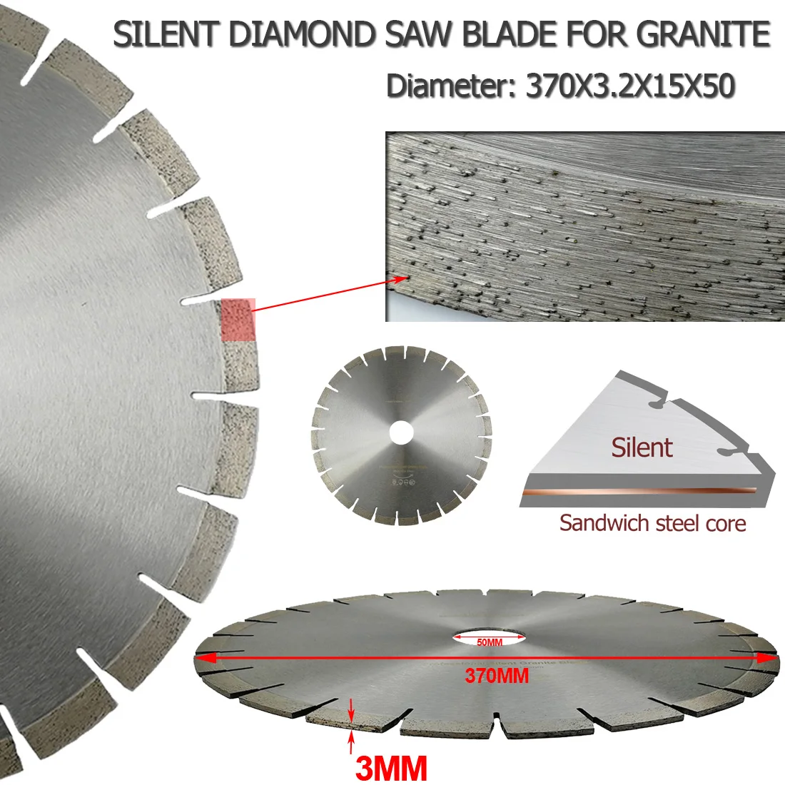 DIATOOL Dia14Inch 370 مللي متر المهنية جودة الماس الصامتة شفرة المنشار شطيرة الصلب الأساسية الجرانيت قطع عجلة قرص 15x50MM