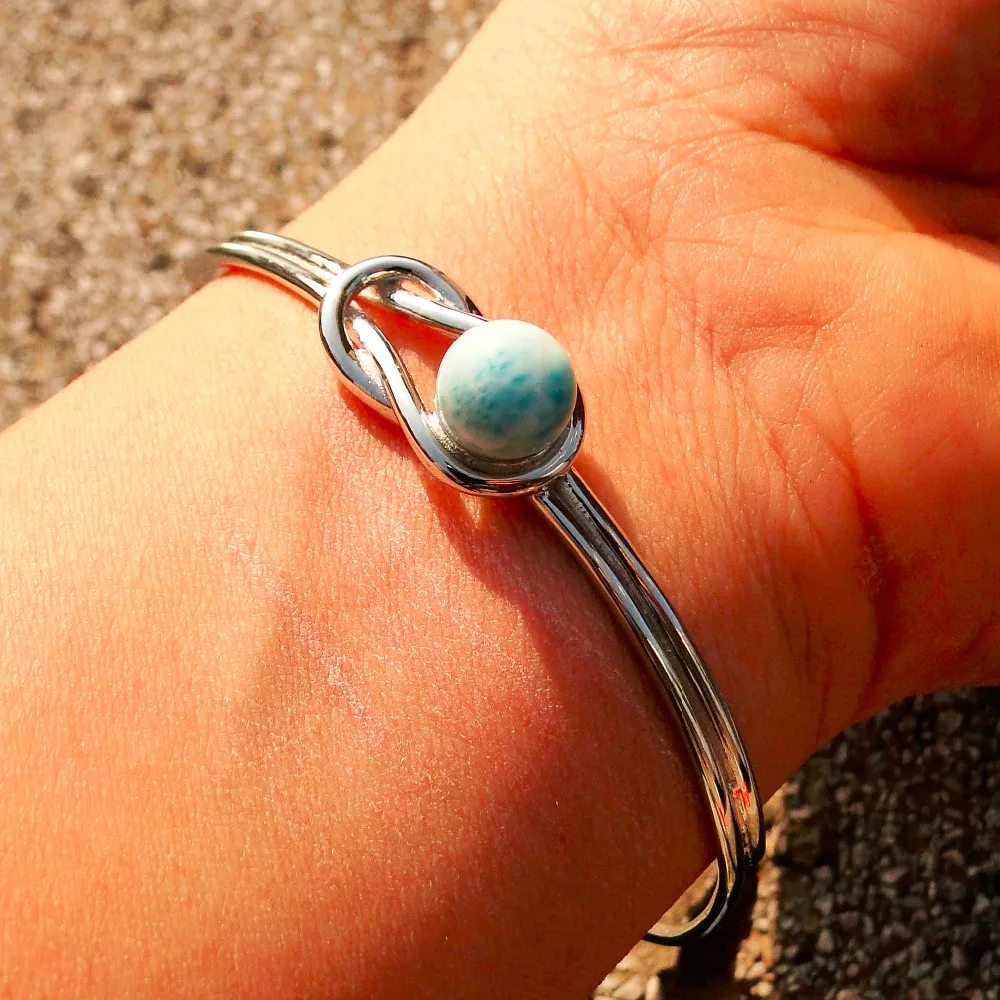 

New Arrival Natural Larimar Round Ball Beads Woman Bracelet Bangles Solid 925 Sterling Silver Jewelry Bangle for Party Wear