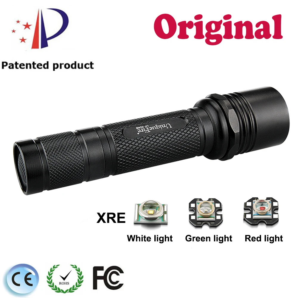 UniqueFire UF-504B  XRE(Green/Red/White Light)LED Flashlight 3 Modes Toughened Ultra Clear Glass Lens Rechargeable Hunting Torch