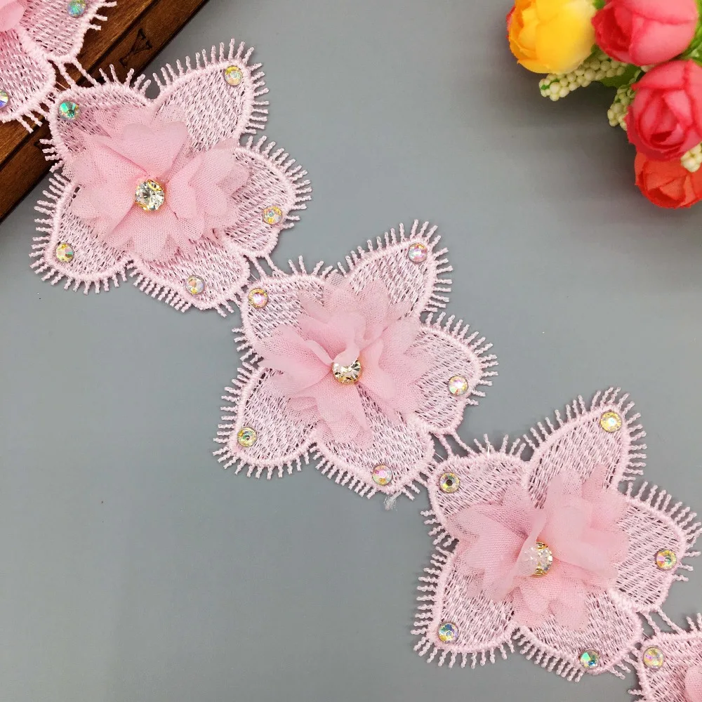 

1 Yard Diamond Chiffon Flower Embroidered Lace Trim Ribbon Floral Applique Fabric Handmade DIY Wedding Dress Hat Sewing Craft