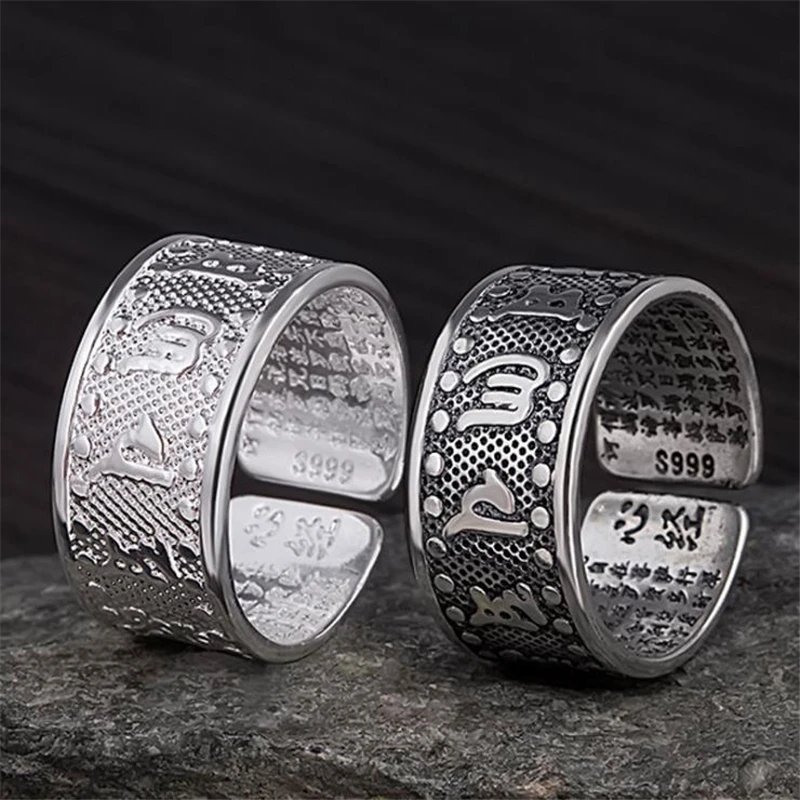 KOFSAC New Thai 925 Sterling Silver Jewelry Blessing Ring Vintage Heart Sutra Sanskrit Buddhist Mantra Rings For Men Women