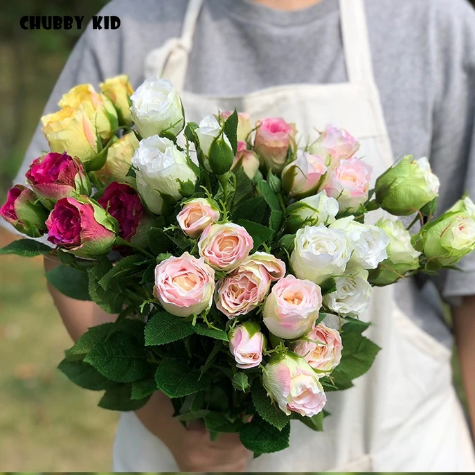 

12pcs/lot! wholesale 4 heads silk flower fake rose buds wedding decorative artificial rose buds rosa flowers