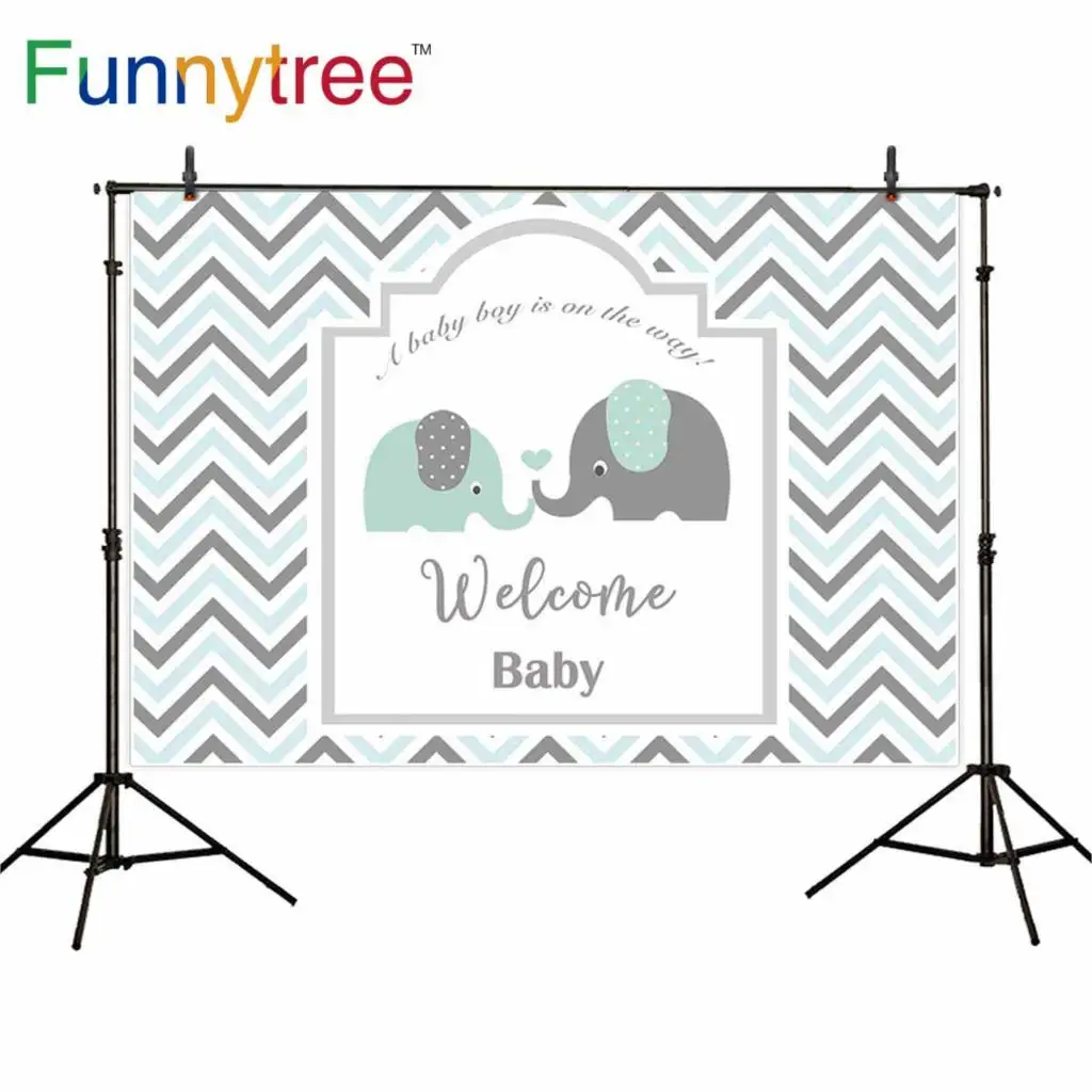 Funnytree backdrops photography blue grey chevron frame elephant newborn boy baby shower birthday photo background wallpaper