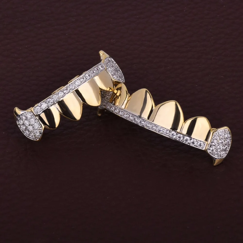 Bubble Letter Hip Hop Grillz Teeth Iced Zircon Fang Mouth teeth Caps Top & Bottom Tooth Set Men Women Vampire  Fashion Jewelry