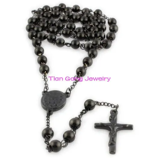 4mm/6mm/8mm Rosary Beads Chain 316L Stainless Steel Religous Cross Pendant Necklaces Black Tone for men For Women