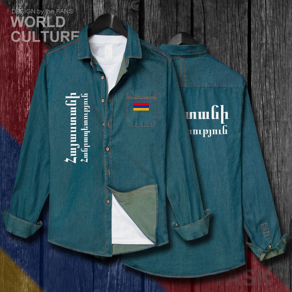 

Armenia Armenian ARM AM Men Flags Clothes Autumn Cotton Long Sleeve Cowboy Casual Coat Fashion Turn-down Collar Jeans Shirt Tops