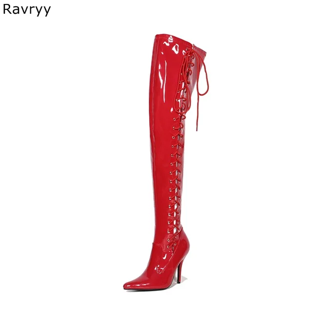 Cross-tied Woman red long boots Pole dance Model Show Fun Club Party Female Shoes Pointed Toe Thin Heel Women Booties 43 44 45