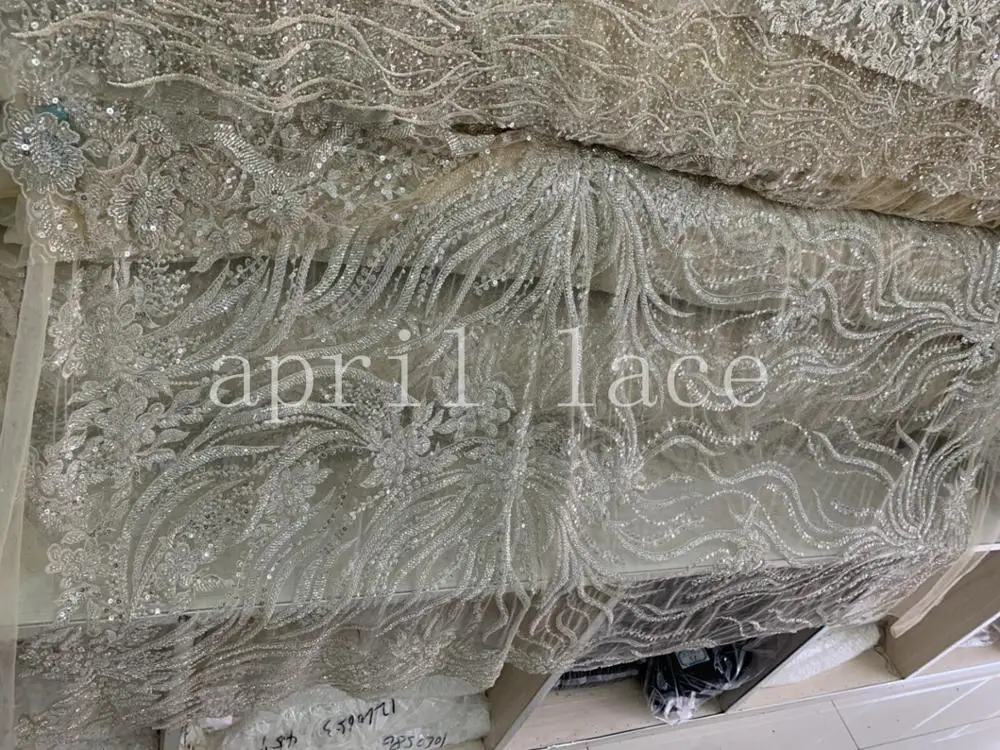 lx002 5yards/lot new 2020 beige mesh mix color sequin bead wedding embroidery tulle mesh lace fabric for sawing bridal dress