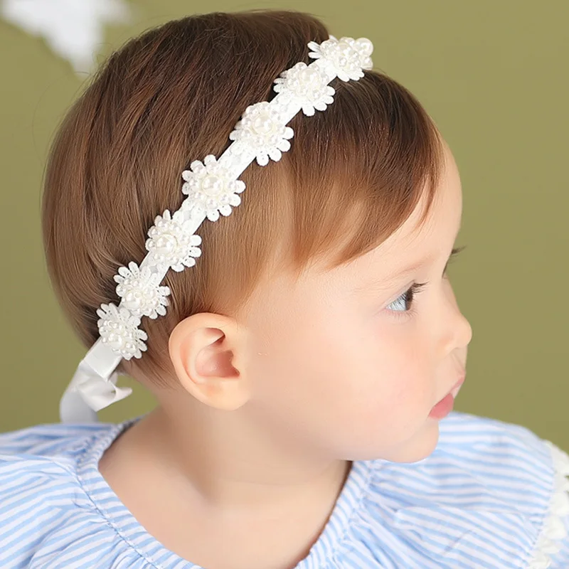 Boutique 15pcs Fashion Cute Pearl Flower Ribbon Bow Soft Hairbands Solid Floral Newborn Lace Headbands Princess Headwear