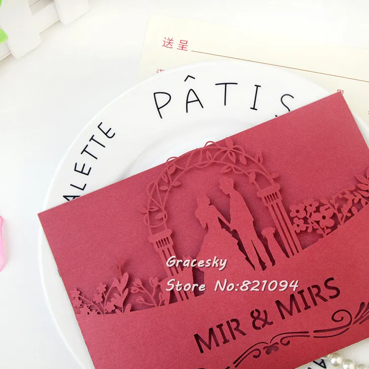 free shipping 40pcs laser die cut wedding invitation cards Mr Mrs Bride and Groom design RSVP cards with text personalized