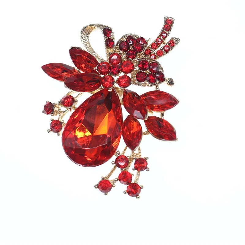 

Women's gold metal large waterdrop red Austrian Crystal Wedding Flower Leaf Bouquet lapel pin Brooch