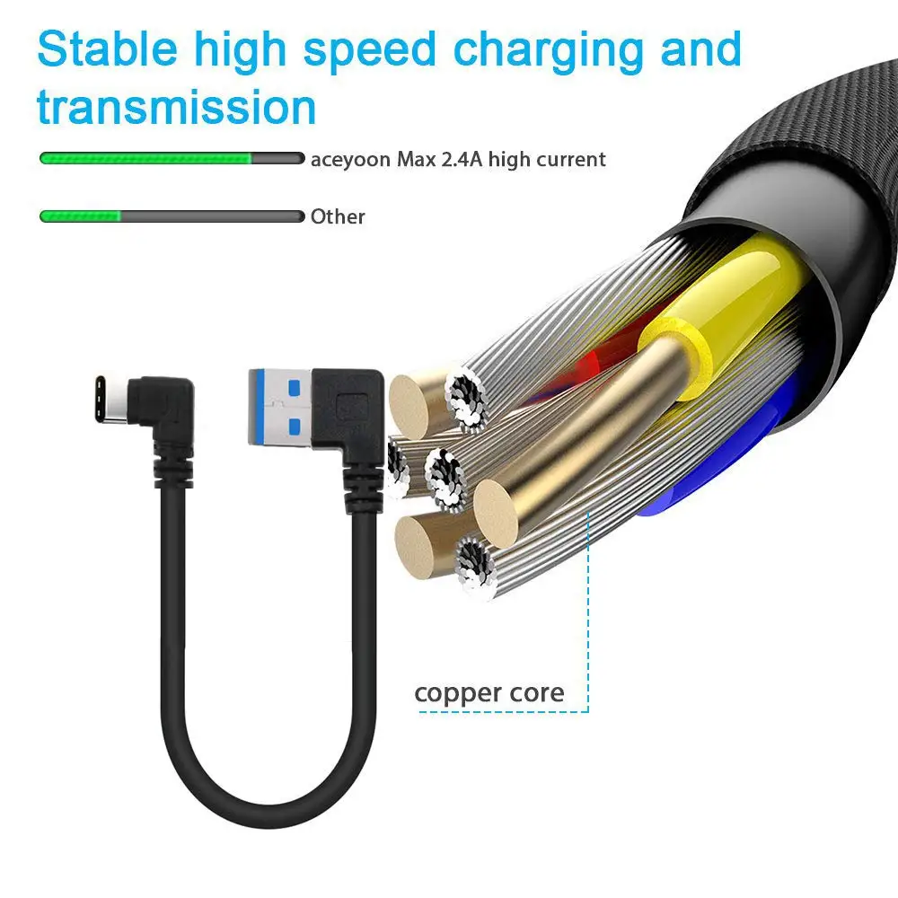 Short USB 3.0 Cable Type A Male to Type C USB Charger Cable,Double 90 Degree Right Angle 5 Pin 25CM Charger Cord