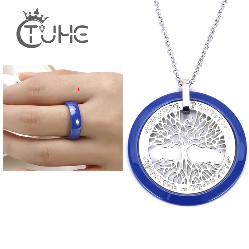 2019 New Fashion Blue Ceramic Jewelry Set Simple Vintage Party Stainless Steel Hollow Life Tree Ceramic Necklace&Ring For Women