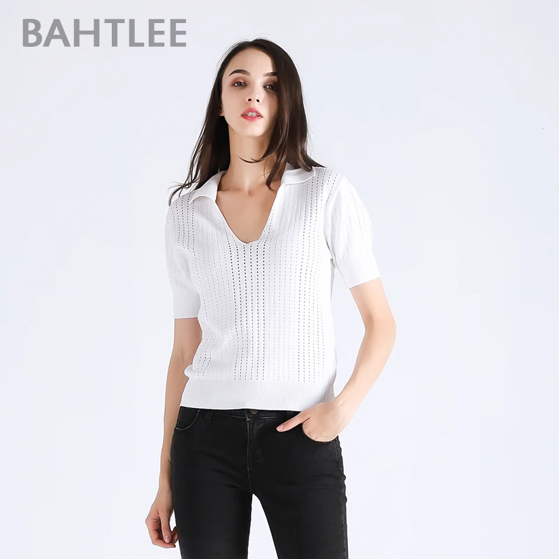 BAHTLEE-Women's Lyocell Knitted Sweaters, Short Sleeves, Ruffles, Turn-Down Collar, Pullovers, Jumper, Computer, Summer