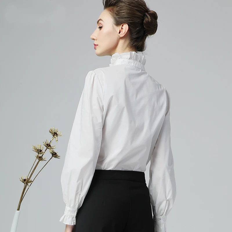 Women White Blouse Ruffled Stand Collar Long Sleeve Button-down Cotton Shirt Loose Plus Size S-4XL Elegant Office Blouses Tops