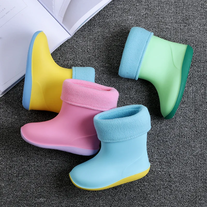 Kids Rubber Rain Boots for Girl Non-slip Boots Baby Boys Waterproof Water Shoes Warm Children Rainboots Removable cotton cover