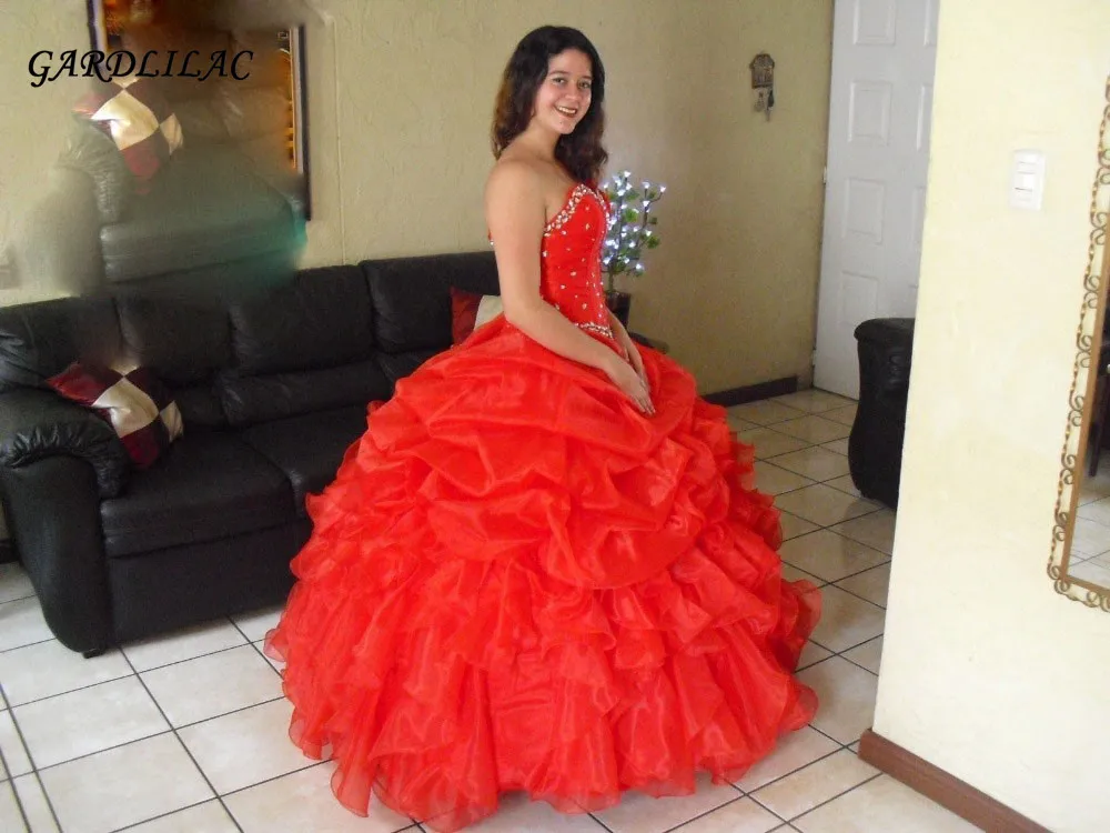 In stock 2019 100% Real Organza Ruffled Red Quinceanera Dresses Ball Gown with Bead Sweet 16 Dresses Vestidos De 15 Anos