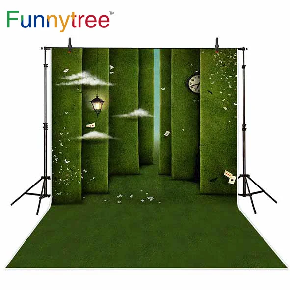 Funnytree background for photo studio green maze clock poker cards wonderland kids photography backdrop photobooth photocall