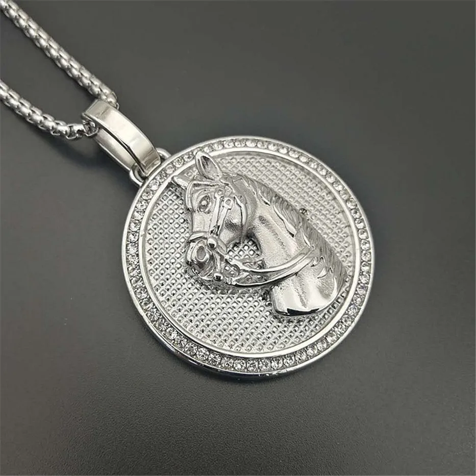 Jockey Club Horse Head Pendants Necklaces For Women/Men Gold Color Stainless Steel Round Coin Iced Out Bling Hip Hop Jewelry