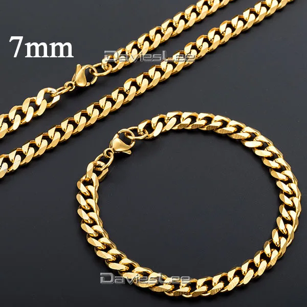 Fashion Gift 7mm Mens Black Gold (color) Curb Cuban Necklace Stainless Steel Chain Bracelet Jewelry(Set) DLKS109