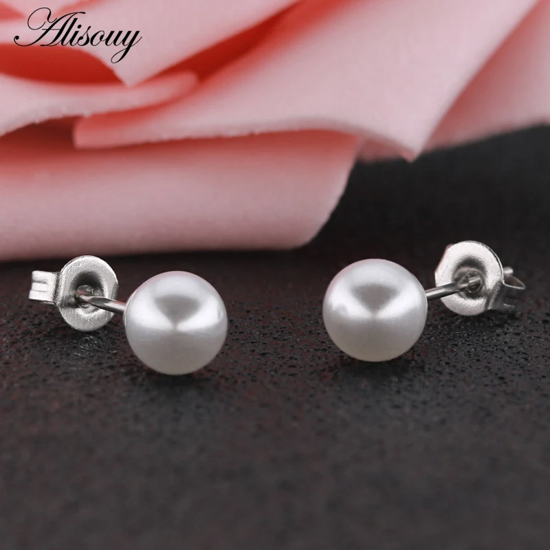 Alisouy 2PcสแตนเลสSimulaterdเงินไข่มุกEar Studต่างหูแฟชั่นเครื่องประดับสำหรับผู้หญิงต่างหูเครื่องประดับเจาะ