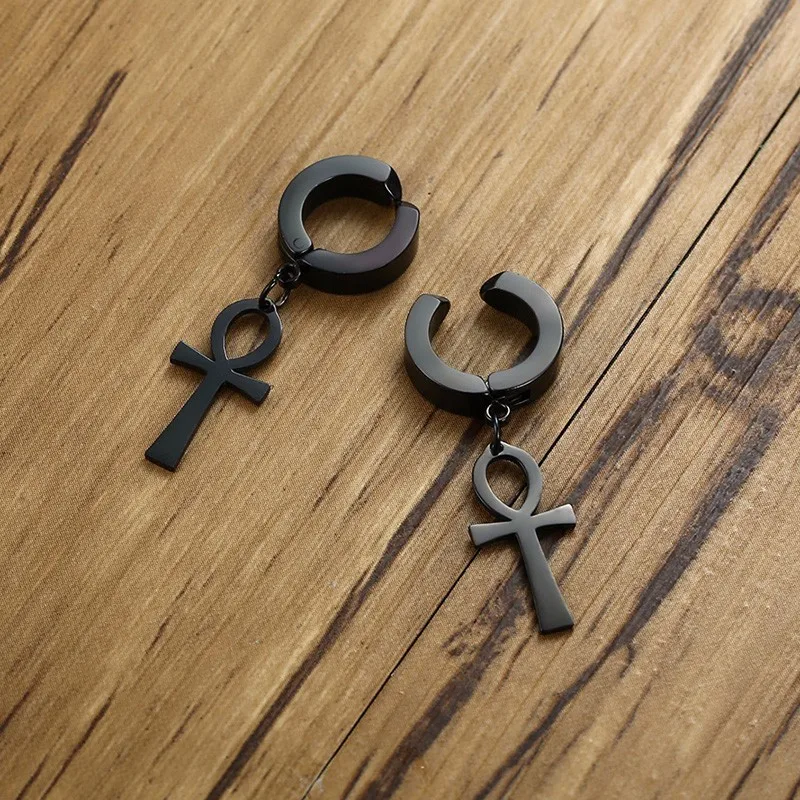 Eternal Cross Egypt Cleopatra Ankh Earrings for Men Jewelry Antiqued Black Stainless Steel Egyptian Queen Ankara Earing image 4