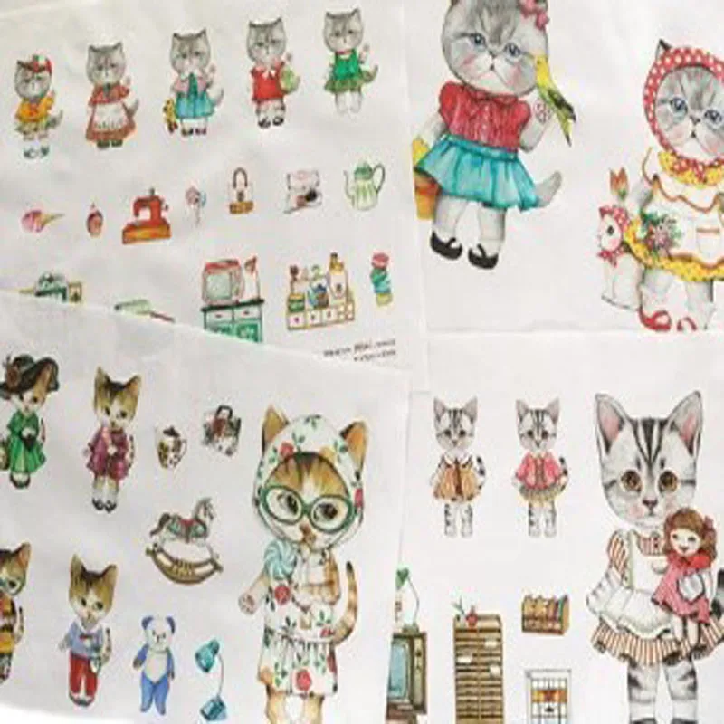 Lovely Cats linen cotton fabric assortment 75cm x 130cm square patchwork variety fresh printed textile Zakka DIY Fabric