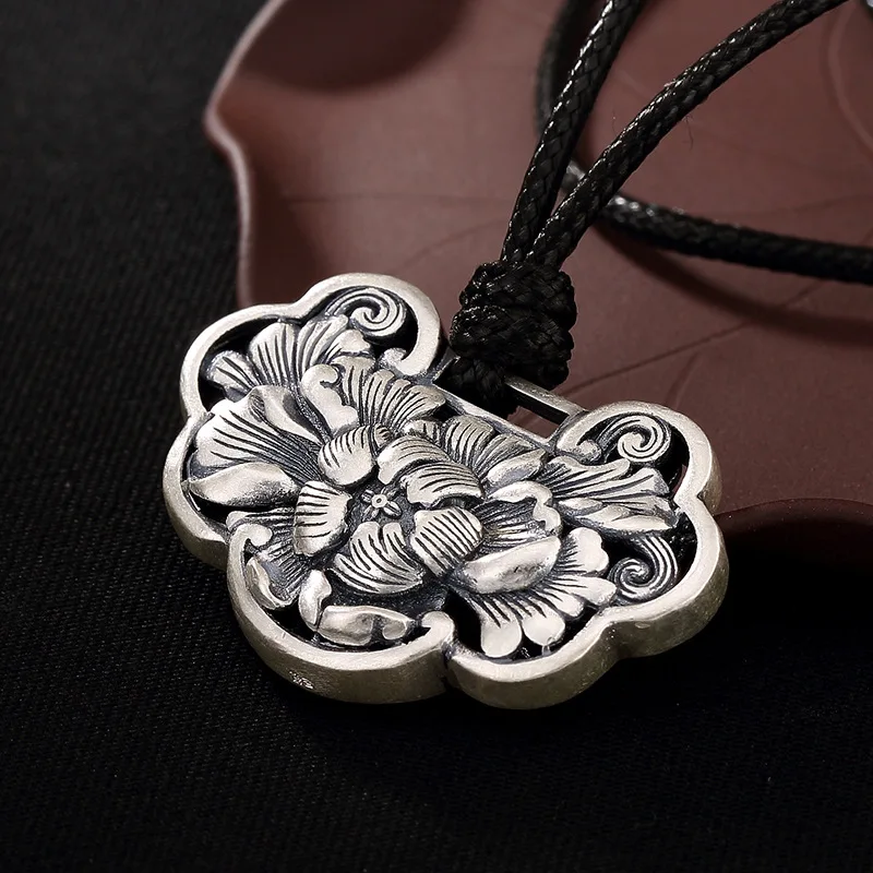 

S990 Pure Silver Vintage Matte Peony Pendant Sterling Silver Ms Versatile High-Grade Antique Pendant Wholesale