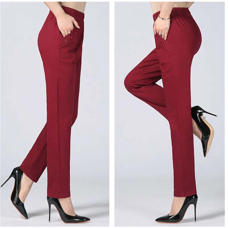 White Women\'s Trousers 5XL Spring Summer Autumn Female Stretch Waist Cotton Straight pants Middle aged lady Solid Casual Pants