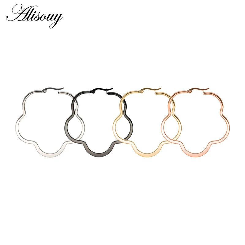 Alisouy 2pcs New Fashion Trend Anti-Allergy 316L Stainless Steel Earrings Plum Blossom flower Large Flat Women Hoop Earrings