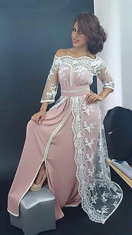 

Elegant Muslim Evening Dresses A-line 3/4 Sleeves Lace Slit Sexy Islamic Dubai Saudi Arabic Long Formal Evening Gown