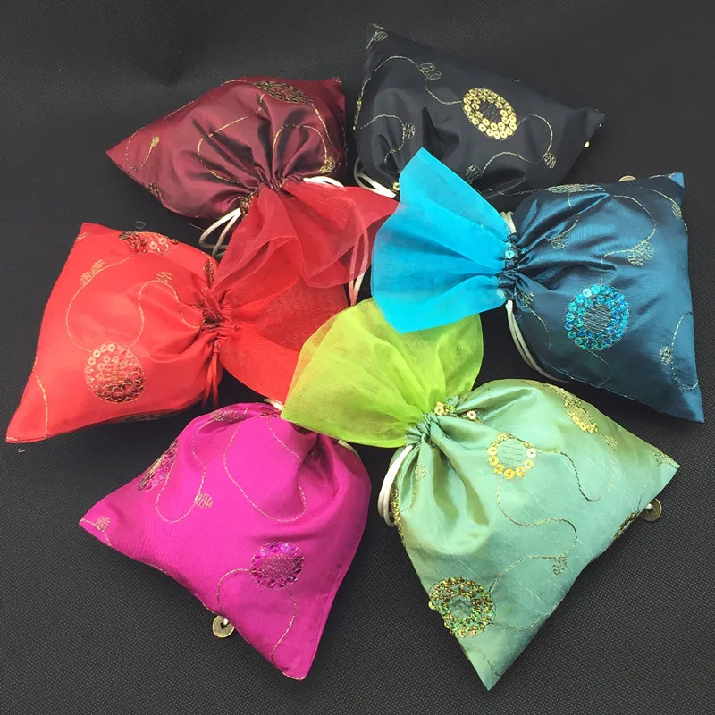 Chinese Embroidery Sequin Organza Bag Christmas Gift Bags Drawstring Bunk Fabric Pouch Wedding Party Favor Bags 50pcs/lot