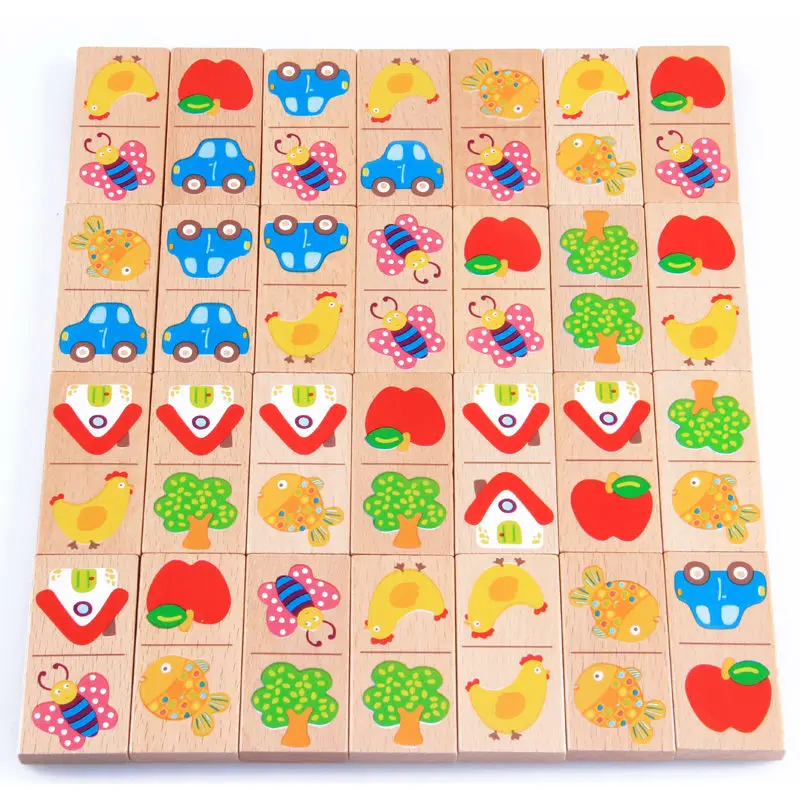 28pcs Baby Wooden Domino Block Toys Cartoon Garden Animal Vehicle Fruit Domino Blocks Toys Building Blocks Educational Matching