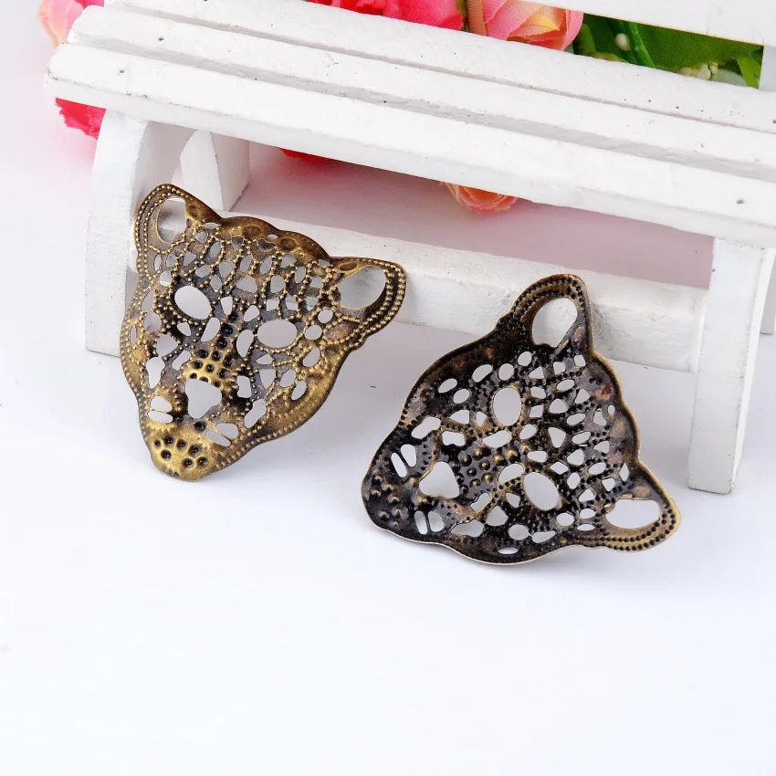 Free shipping Retail 10Pcs Bronze Tone Leopard Head Filigree Wraps Connectors Metal Crafts Decoration DIY Findings 40x38mm F0345