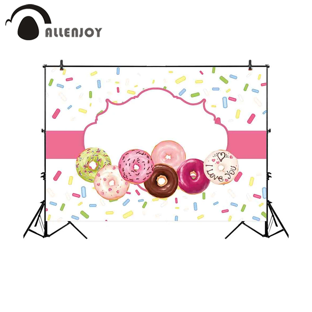 

Allenjoy backdrop photophones doughnut pink frame colors chocolate candy bar custom text dessert table wall-paper background