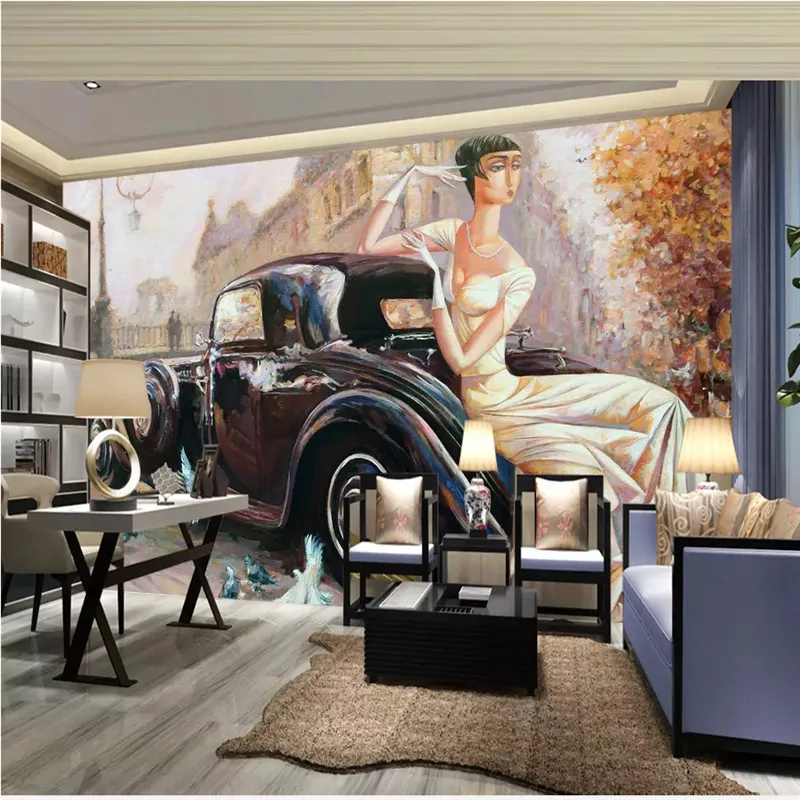 

Custom Mural Wallpaper 3D Nostalgic Retro Classic Car Beauty Oil Painting Wall Murals Wall Papers Home Decor Papel De Parede 3D