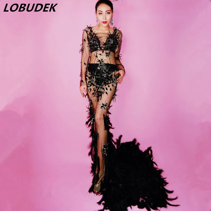 

Black Mesh Feathers Tailing Long Dress For Women Singer Model Catwalk Stage Floor Length Dress Transparent Performance Costume