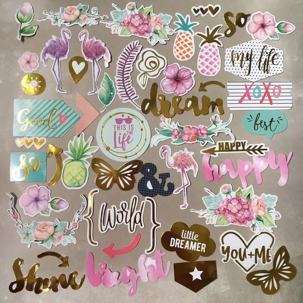 49pcs sweet flower love Foil Gold Paper Die Cut Stickers for DIY Scrapbooking Card Making Crafts /photo album Decoration