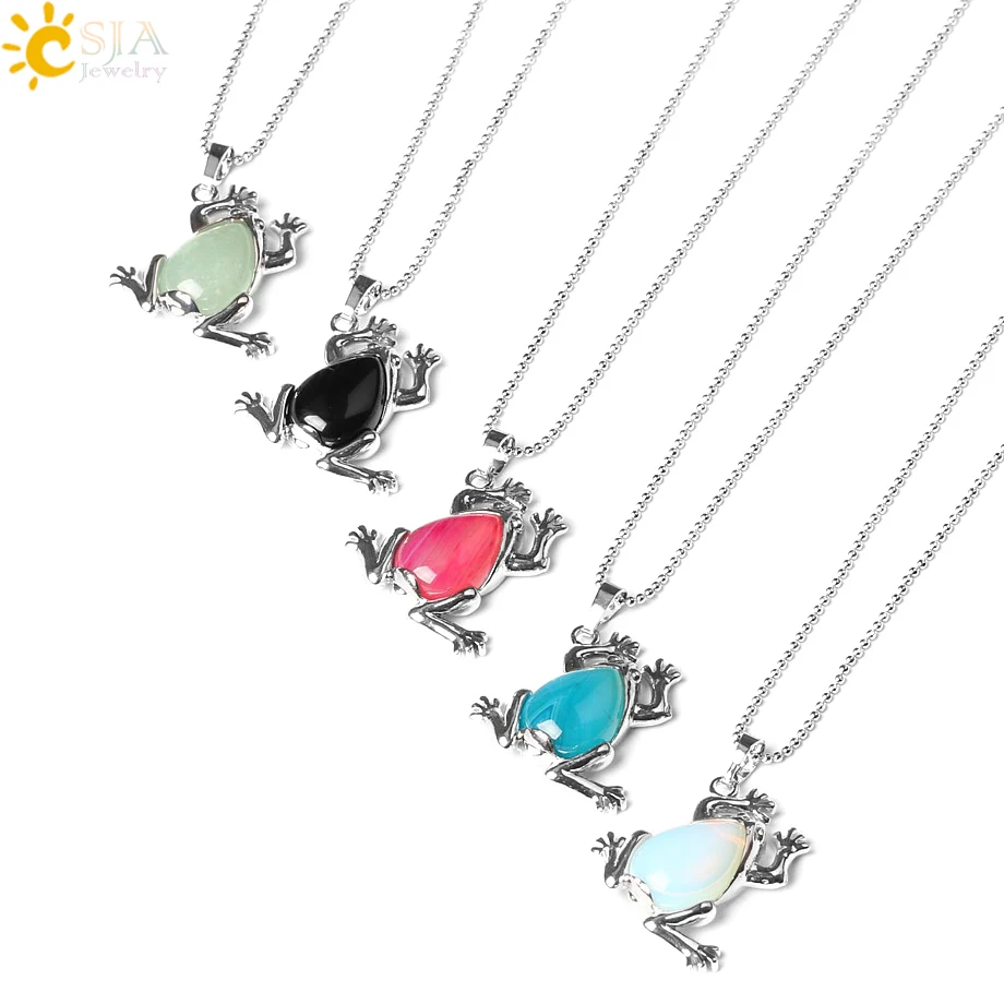 CSJA Lover Unisex Lovely Jump Frog Animal Pendant Necklace for Men Women Gem Crystal Quartz Lucky Natural Stone Jewellery E230